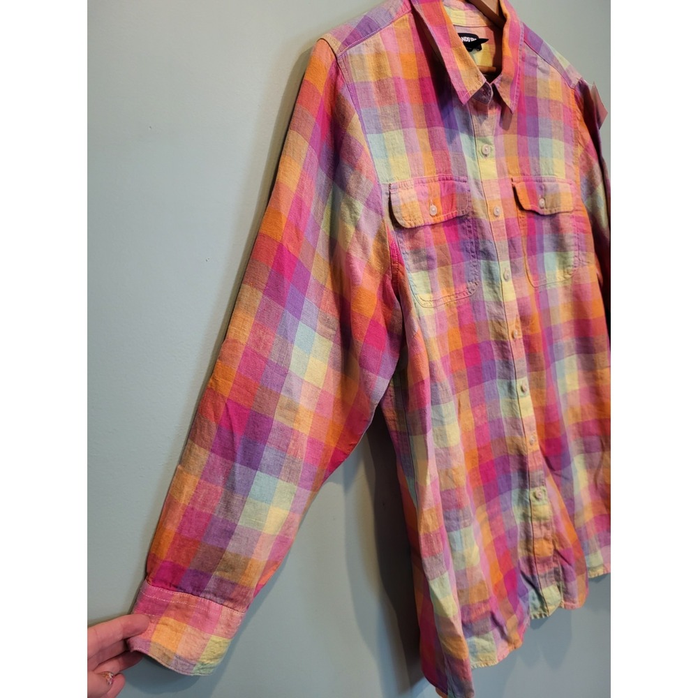 Lands End Linen Colorful Pastel Long Roll Tab Sleeve Button Up Shirt Pocket 1X - Picture 3 of 8